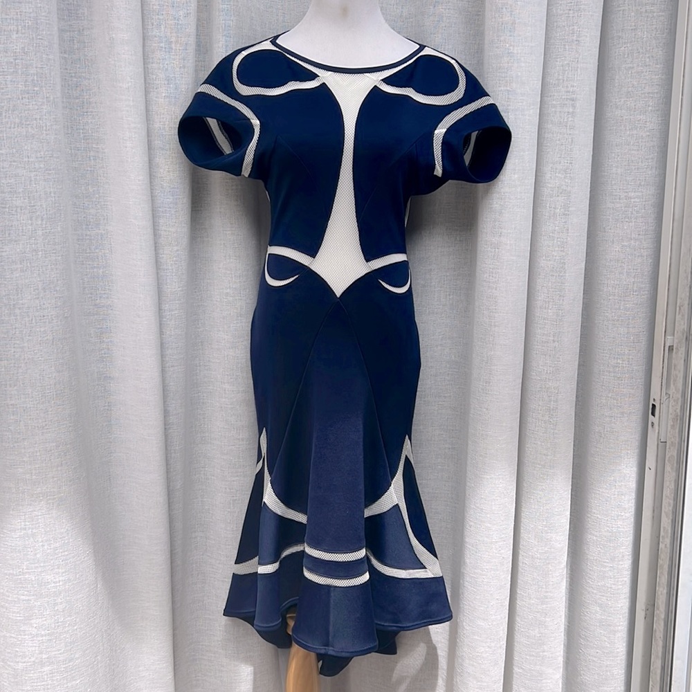 Junya Wantanabe Comme des Garcons neoprene mesh panel dress, blue and white - Picture 1 of 10